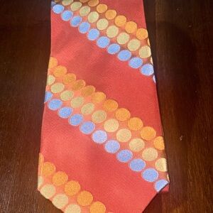 Ted Baker Red Silk Tie with Blue and Gold Polka Dots(124)